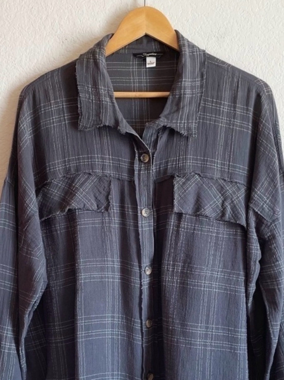 Liz Gauze Cotton Blend Supplies by Union Bay Galaxy Gray Mini White Plaid Shirt - Picture 3 of 8